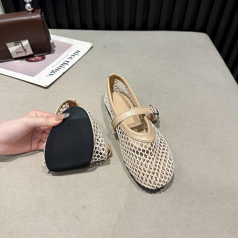 New Fishnet Ballet Flats Woman Chic Brand Design Hollow Out Lace Mary Jane Shoes Ladies Summer Sandals Breathable Mesh Zapatos