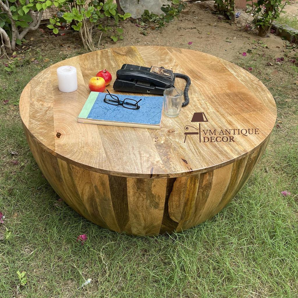 Wooden Coffee Table | Round Drum Table Stool | Living Home Decor Central Furniture, Indian Bedside Nightstand Low Table,Side Table Furniture