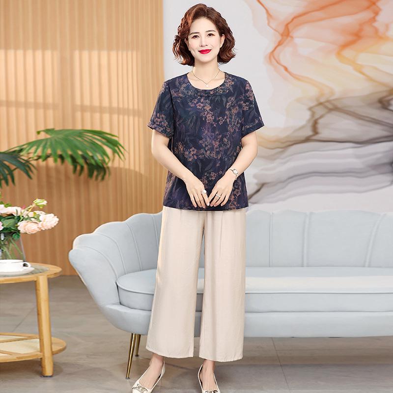 

Elegant Summer Xiangyun Silk Blouse for Middle-Aged & Elderly Women - Short-Sleeved, Fashionable Mother s Wear L (recommended 80-100 jin)