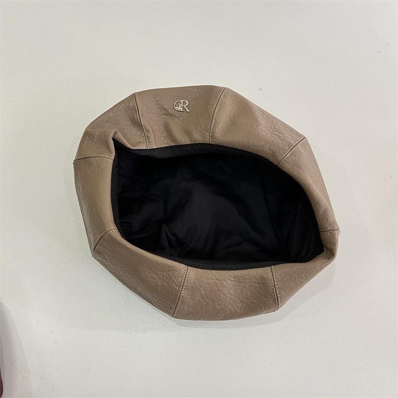 Jesienno-zimowy mały standardowy beret ze skóry liczi damski wszechstronny retro kapelusz dyniowy modny jednolity kolor wysmuklający twarz