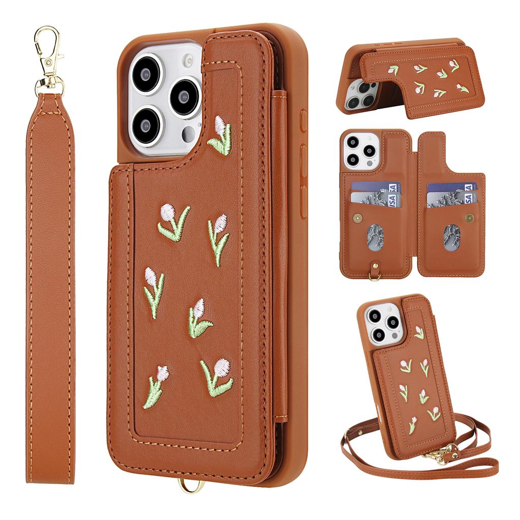 For iPhone 16 Pro Max Case Embroidered Tulips PU Leather Card Holder Back Cover with Shoulder Strap/Wrist Strap