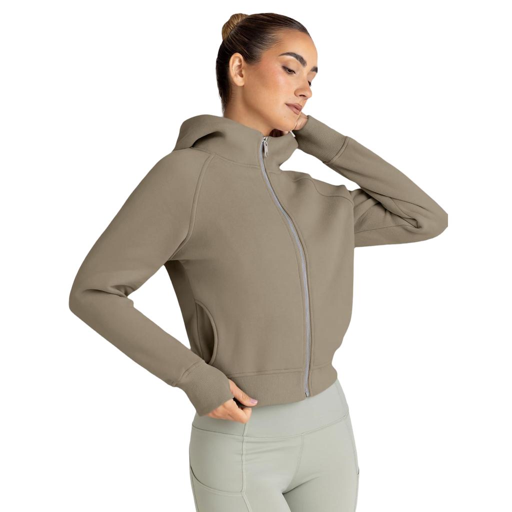 Women's Fashion Cropped Zip-Up Hooded Sweatshirt Jacket with Long Sleeves for Casual Wear