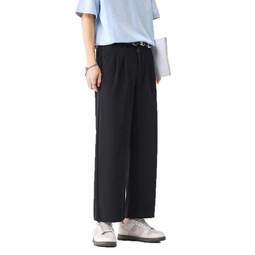 Solid Color Simple Trendy Brand Loose Wide-leg Anti-wrinkle Drape Trousers Men's Trendy Versatile Casual Straight Nine-point Trousers