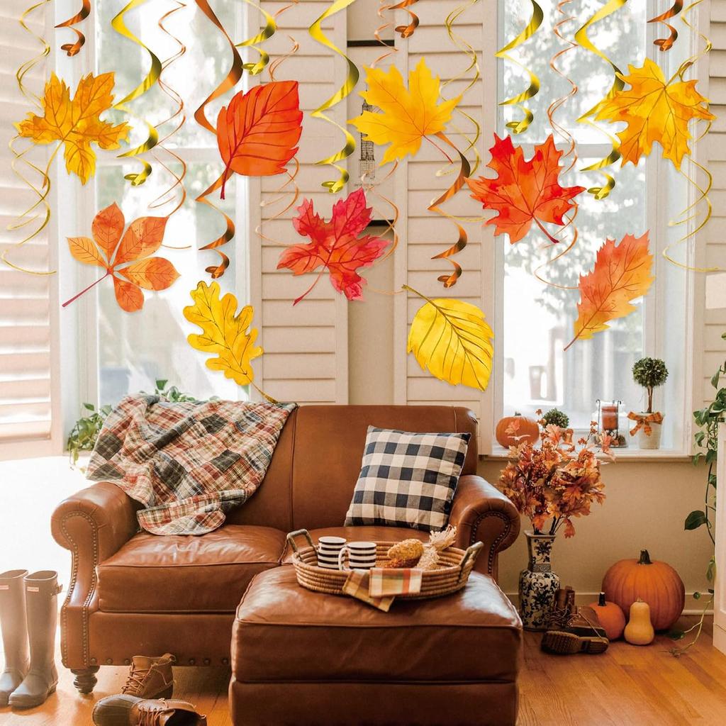 KALEFO 30Pcs Fall Decorations Autumn Hanging Swirls Thanksgiving Decoration Maple Leaf Themed Party Supplies Hanging Foil Swirl Decor for Home