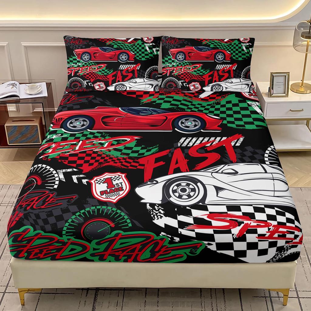 Cute Cartoon Dinosaur Racing Pattern Mattress Three-Piece Digital Printing Cute Bedding Set