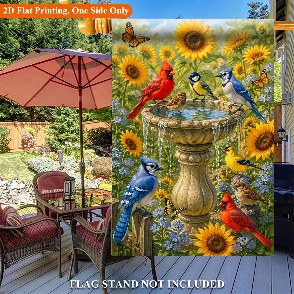 Birds Gather Around Fountain Single Sided Polyester , Garden Flag - Single-Sided, Polyester, Outdoor Yard Decor