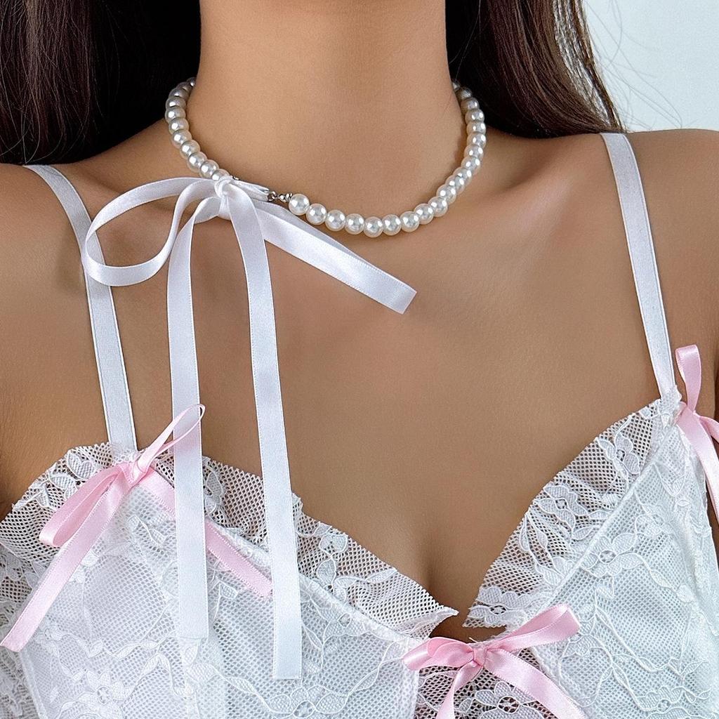Retro Velvet Pearl Bow Clavicle Necklace & Bracelet Set