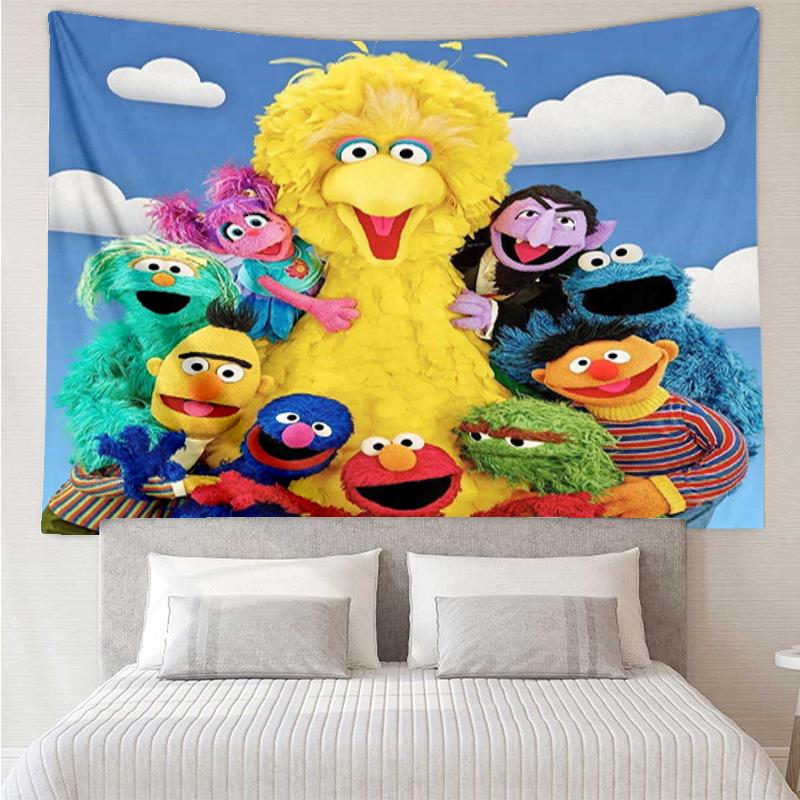 Sesame Street Print Tapestry, Backdrop, Easy Setup, Ideal for Bedroom, Office & Living Room, with Aesthetic Wall Hanging Decor.