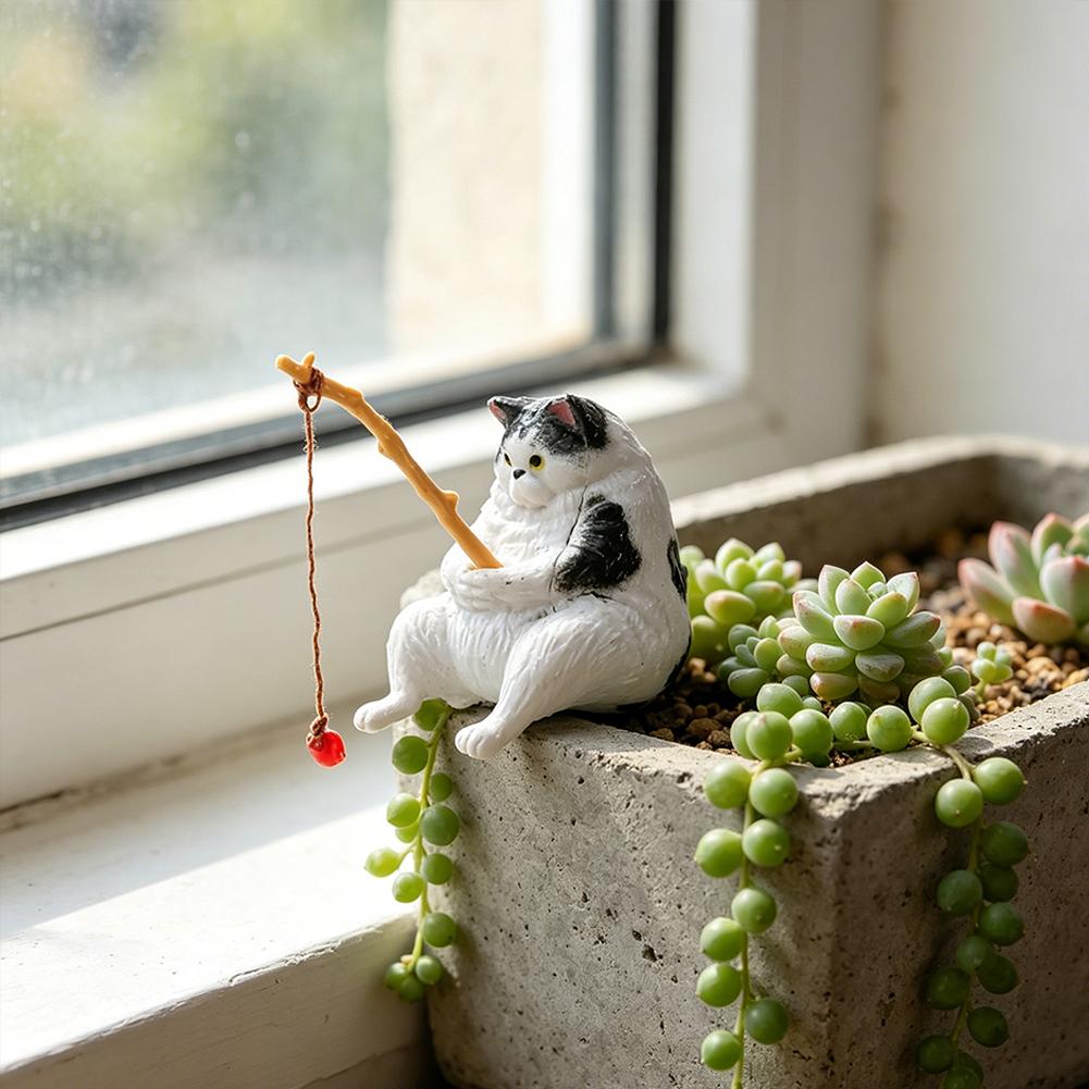 Fish Tank Side Mini Resin Cartoon Fishing Cat Kitten Hanging Creative Fun Micro Landscape Office Ornaments Aquarium Decoration