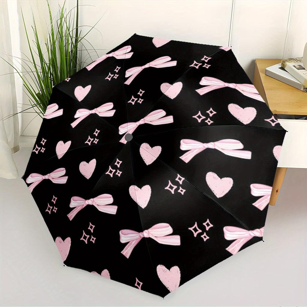 Automatic Folding Umbrella with Pink Hearts & Bows On Black - Portable Collapsible Design, 8-Rib Iron Frame, Durable & Stylish