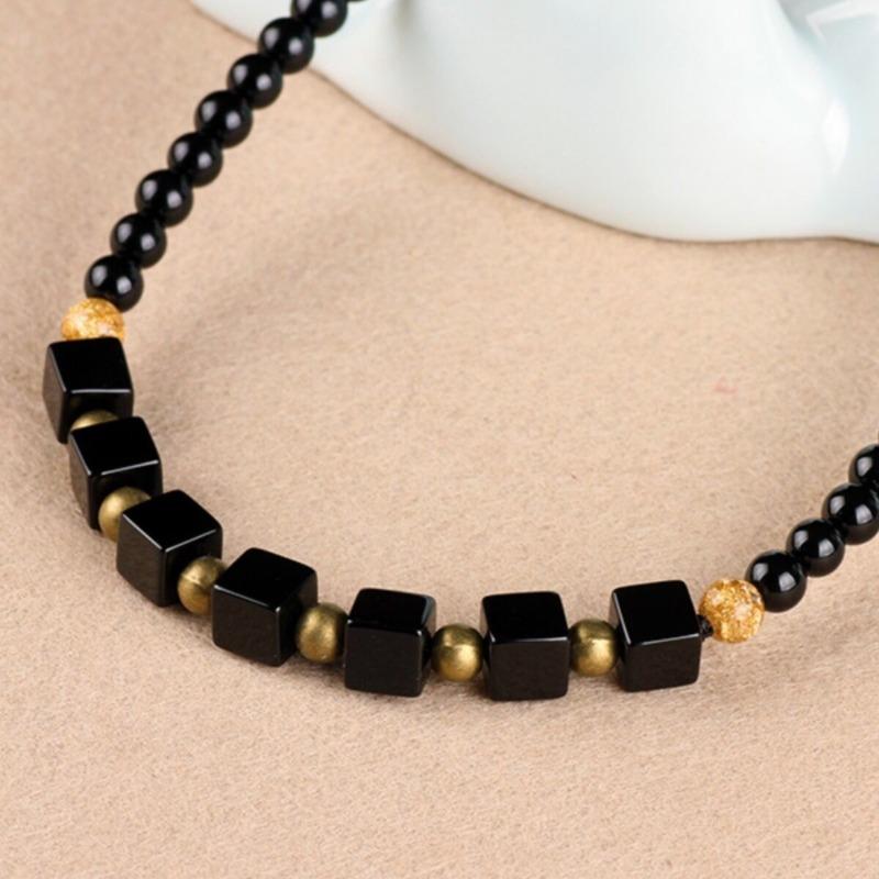 GEMCHIC Women's New Chinese Style Black Agate Cube Bead Necklace Vintage Ethnic Short Choker Jewelry