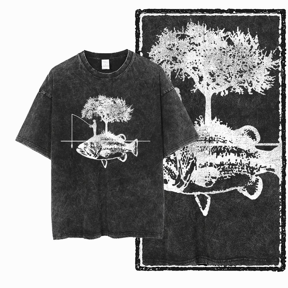 T-shirt Unisexe Imprimé Pêche Coton Noir Lavé Cool Style Streetwear Grande Taille Col Rond