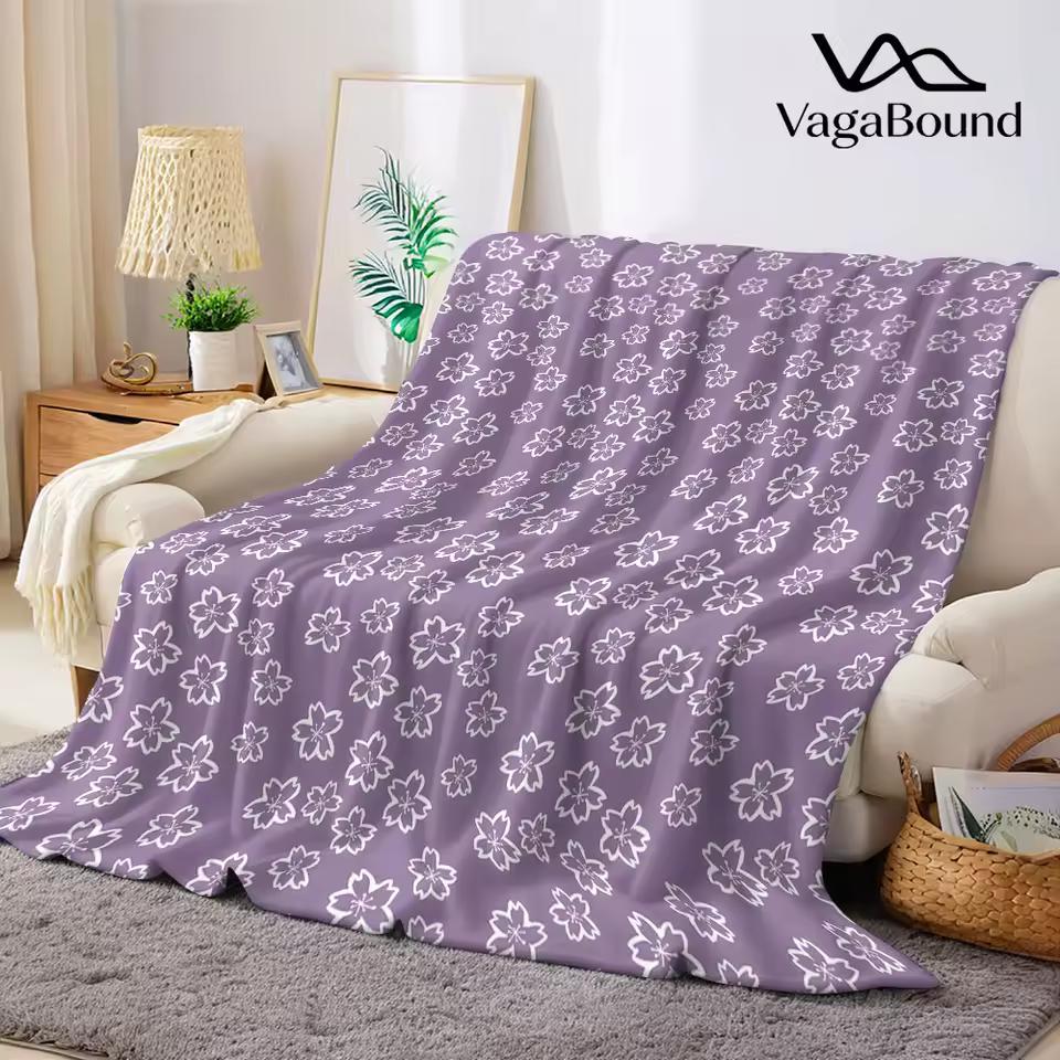 Purple White Sakura Flannel Blanket Warm Soft Halloween Christmas Decorative Couch Warm Cozy All-Season Gift