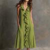 Rochie Midi din In cu Decolteu în V și Volane Femei Largă Linie A Lejeră Rochie de Vară cu Buzunare Laterale Respirabilă Minimalistă Elegantă Fluidă Ținută de Vacanță