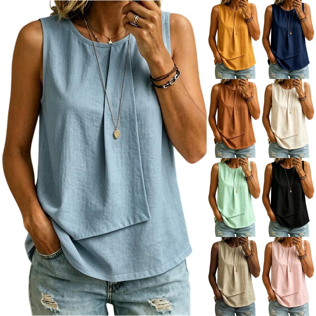 Women's Summer Sleeveless Top Round Neck Solid Color Casual Loose Fit Lightweight Blouse for Outdoor Indoor Wear