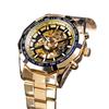 Forsining Men's Mechanical Watch with Golden Stainless Steel Skeleton, Transparent and Waterproof