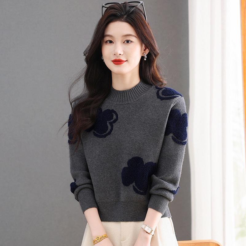 2025 Women's Colorblock Cashmere Wool Sweater: Round Neck, Jacquard Knit, Loose Fit, Versatile and Soft.