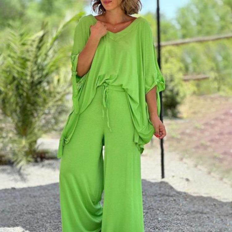 Boho Damen lockeres zweiteiliges Set lässiger Pullover-Top mit kurzen Ärmeln