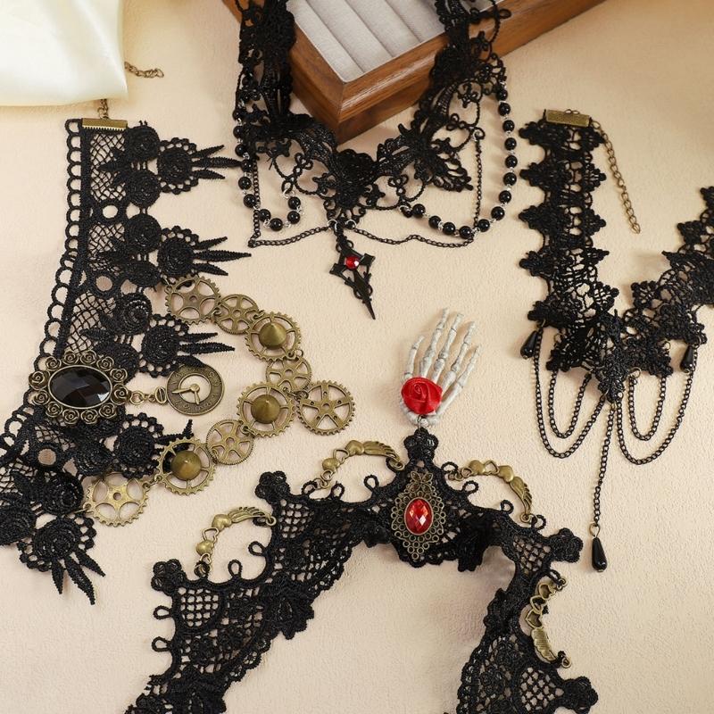 Black Lace Centerpiece Neck Jewelry Set Gothic Statement Accessories for Themed Photo Shoots, Festivals and Halloween Looks