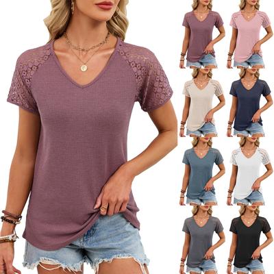 Women's Fashion Color V Neck Lace Lace Loose Short Sleeve T,shirt Top