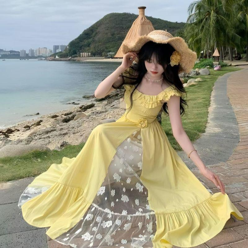 Summer Bohemian Super Fairy Suspender Dress Women's New Xiaofei Sleeve Lace Splicing Waist Long Dress
