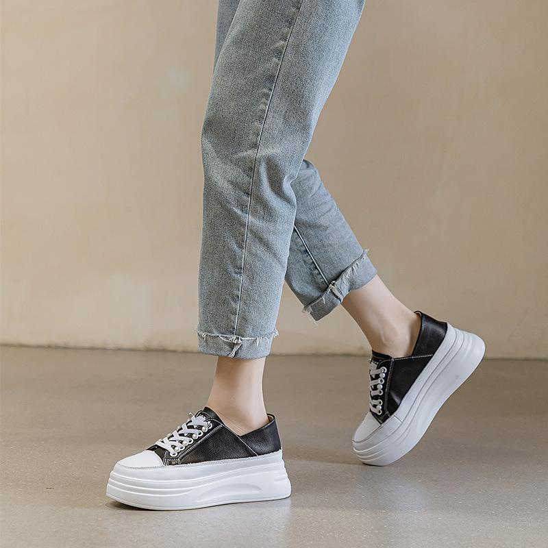 Thick-soled Little White Shoes for Women's 2025 Spring New Models, One Pedal Inner Height Increase, Shallow Mouth Soft Leather, Two Wear Lightweight B