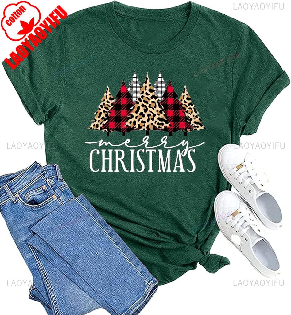 New Year Xmas Gift Merry Christmas Cotton Shirts for Women Merry and Bright Tree Graphic Holiday Printed TShirt Tops Unisex Tee