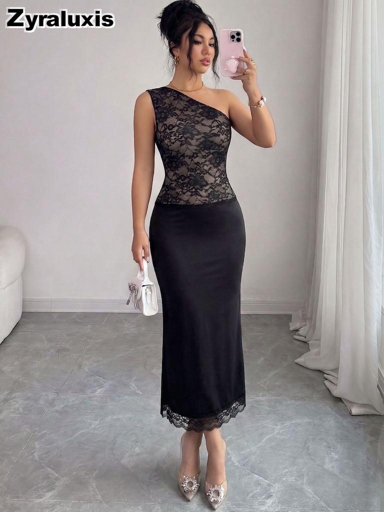 Summer New Slanted Shoulder Lace Patchwork Slim Fit Bodycon Mini Dress Long