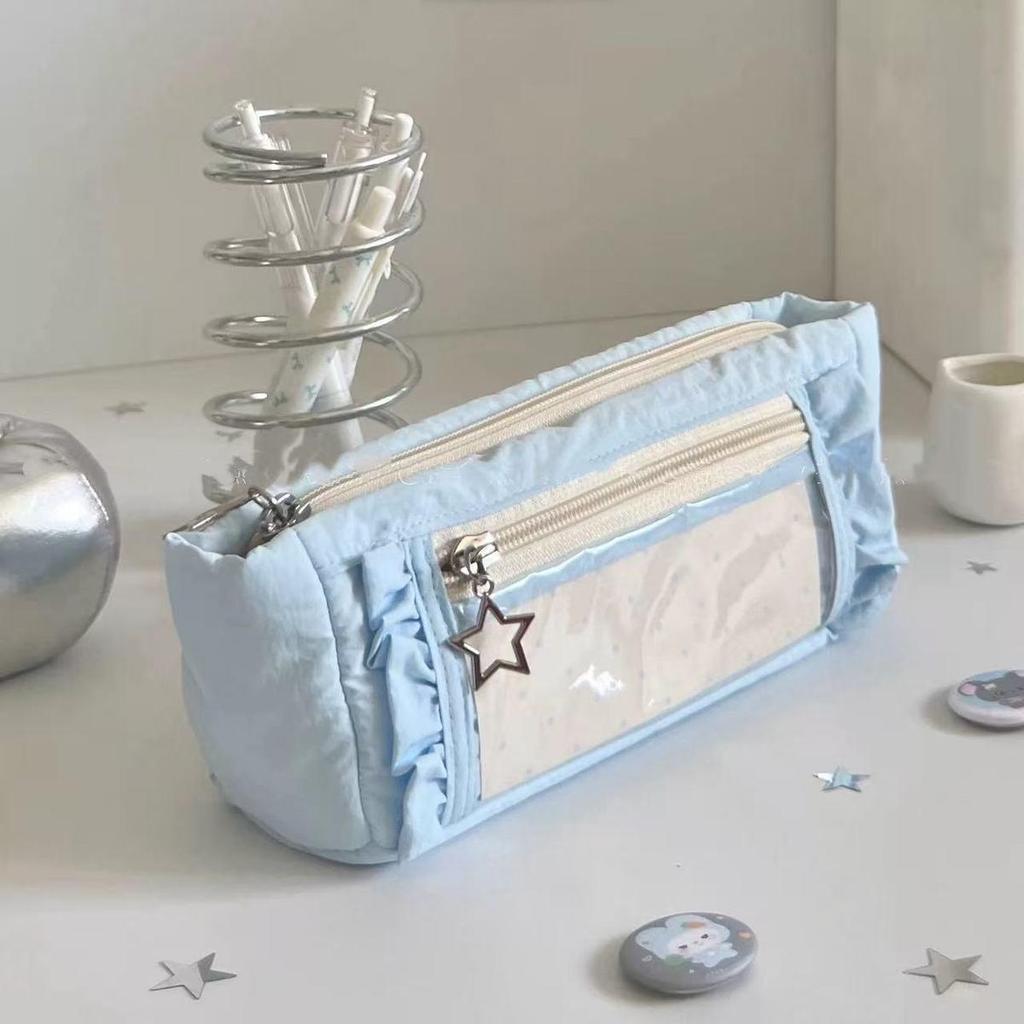 Mint Green Milky Lace Pencil Case - Large Capacity Student Stationery Bag with Window Design