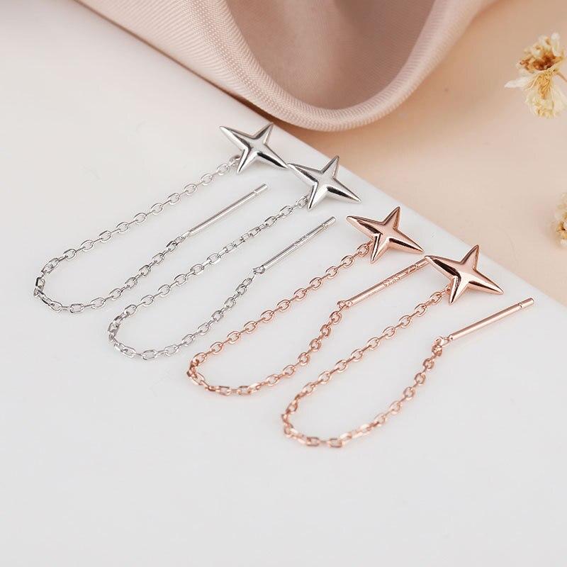 Náušnice ze sterlingového stříbra 925 ve tvaru čtyřcípé hvězdy pro ženy, temperamentní náušnice s třásněmi a řetízkem do ucha, šperk pro přítelkyni, Aretes De Mujer