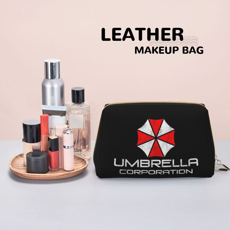 Umbrella Corporation Leather Makeup Bag Foldable Waterproof Travel Storage Pouch Portable Toiletry Cosmetic Bag for Women Girls