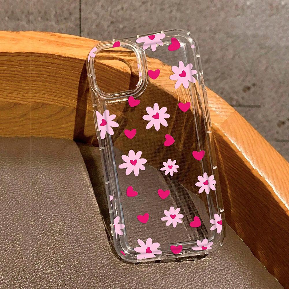 Rosa Blumen Herz Muster Durchsichtige Handyhülle Für iPhone 16 Hüllen iPhone 15 14 13 12 11 Pro Max 16E XS X XR 7 8 Plus 16 Weiche Hülle