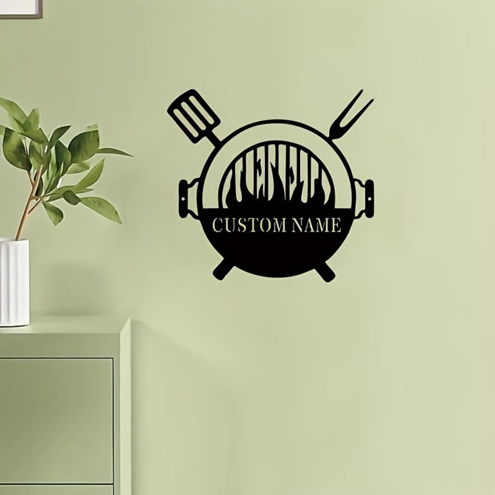 Metal BBQ Grill Sign Steak Tongs Theme Outdoor Kitchen Wall Decor Custom
