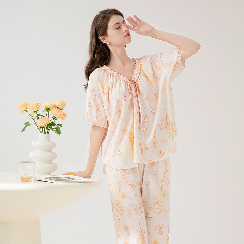 Fenteng [100% cotton outerwear] Summer new lace V-neck romantic short sleeved seven quarter pants pajamas women's home wear
