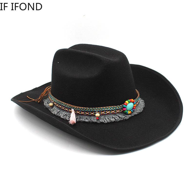 Newest Design Vintage Western Cowboy Hat For Men's 9.5CM Wide Brim Fedora Hat Gentleman Jazz Cowgirl Cloche Church Caps