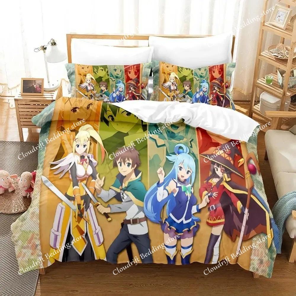 Kawaii KonoSuba Set da letto Cartone Animato Anime set da tre pezzi Adulto Bambino Camera da letto Set Copripiumino 3D Kawaii Ragazze set da letto king size