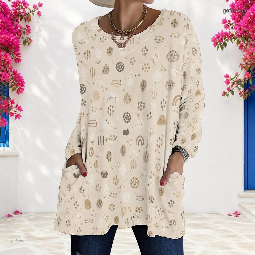 Women Plus Size Round Neck Long Sleeve Plaid Print T Shirt Loose Longline With Pockets