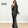 Women Prom Dress Tassel Sleeves Sheath Slim Fit V Neck Solid Color Sequin Fishtail Hem Evening Dress Cocktail Party Maxi Dress