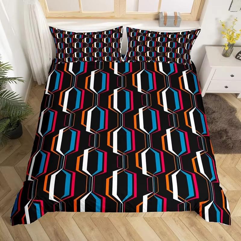 Retro 70-tals King Påslakan Mikrofiber 3D Abstrakt Geometri Täcke Örngott Mellankrigstiden Exotiskt Blommigt Sängklädesset
