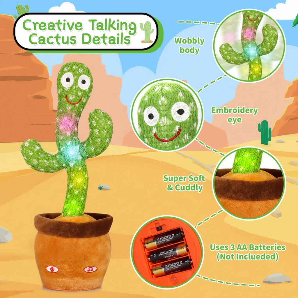 2pcs Dancing Cactus Sing Dance Interactive Plush Toy,Sound Light, Remote Control,with Batteries Not Included,, Language Learning, Ideal for Christmas