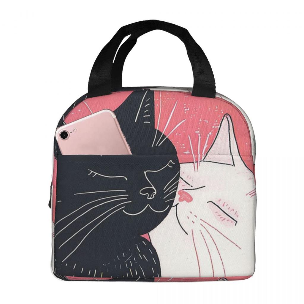 Cartoon Black White Cat Print Insulated Lunch Bag for Women Office Cooler Thermal Food Box Tote Leakproof Lunch Boxes Container