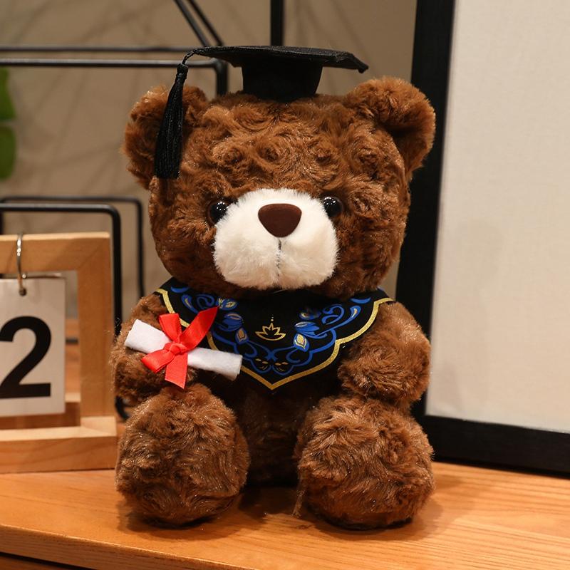 23cm Cute Graduation Bear Plush Toy Brown White Teddy Bear with Graduation Cap Ideal Graduation Gift for Kids