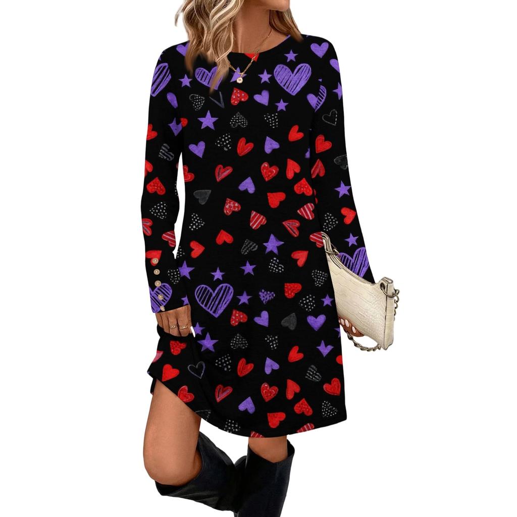 Women's fashion casual pocket decorative button dress round neck long sleeve printed dress