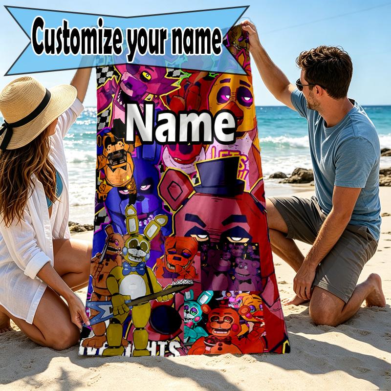 Custom Name Personalized Five Nights At Freddy's Print Beach Towel, for Trip Camping Beach Party Home Decor, Birthday Gift for Family & Friends