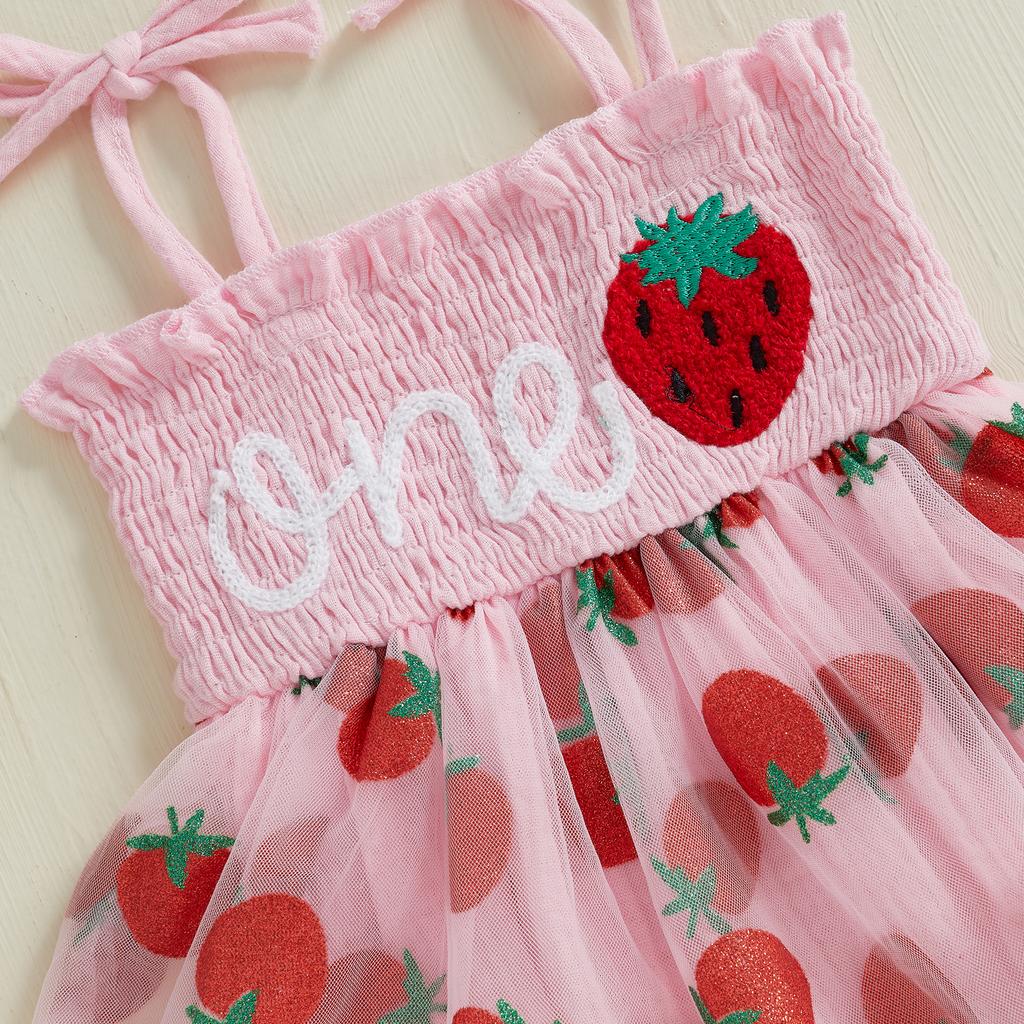Baby Girls Summer Romper Dress Sleeveless Letter Strawberry Embroidery Tulle Romper with Headband