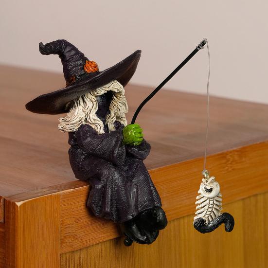 Halloween Fishing Witch Figurine Spooky Cartoon Witch Statue Resin Sculpture Home Office Desktop Holiday Party Decoration Ornament
