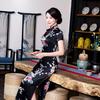 Peacock Print Women Chinese Long Cheongsam Bridesmaid Short Sleeve Evening Dress