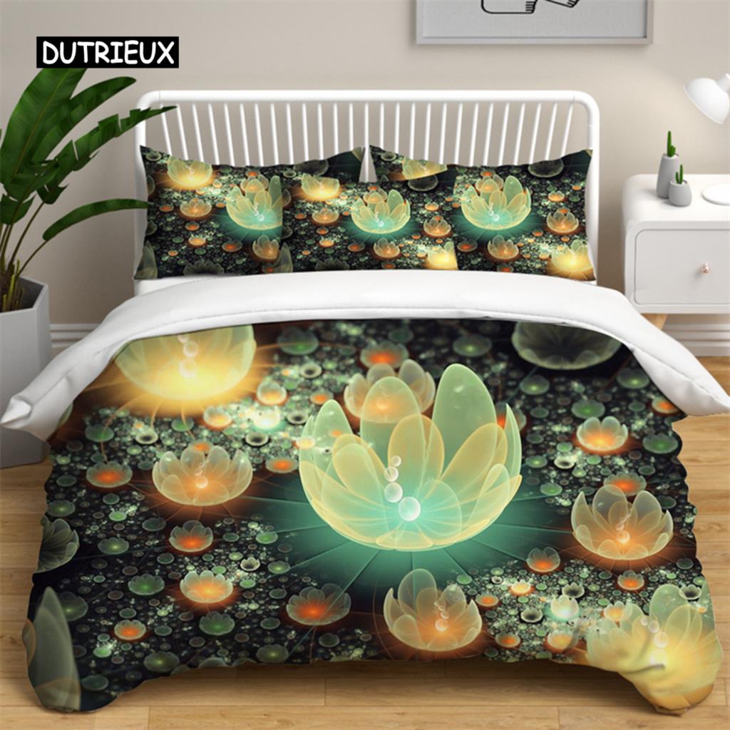 Lotus Floral Duvet Cover King Microfiber Water Hibiscus Bedding Set Flower Leaves Quilt Cover Nature Art Theme Bedspread Cover