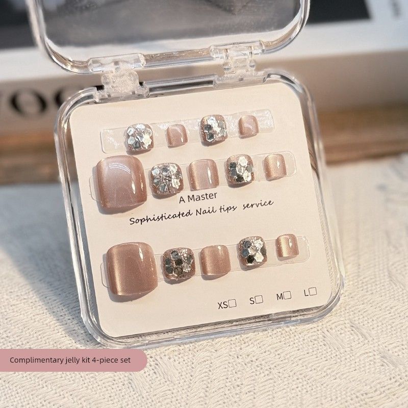 

Новинка Нарядные розовые типсы для ногтей «кошачий глаз» Летний педикюр Ношение ногтей Готовый продукт Элегантные белые наклейки для ногтей Pearl powder cat s eye-[S code]]