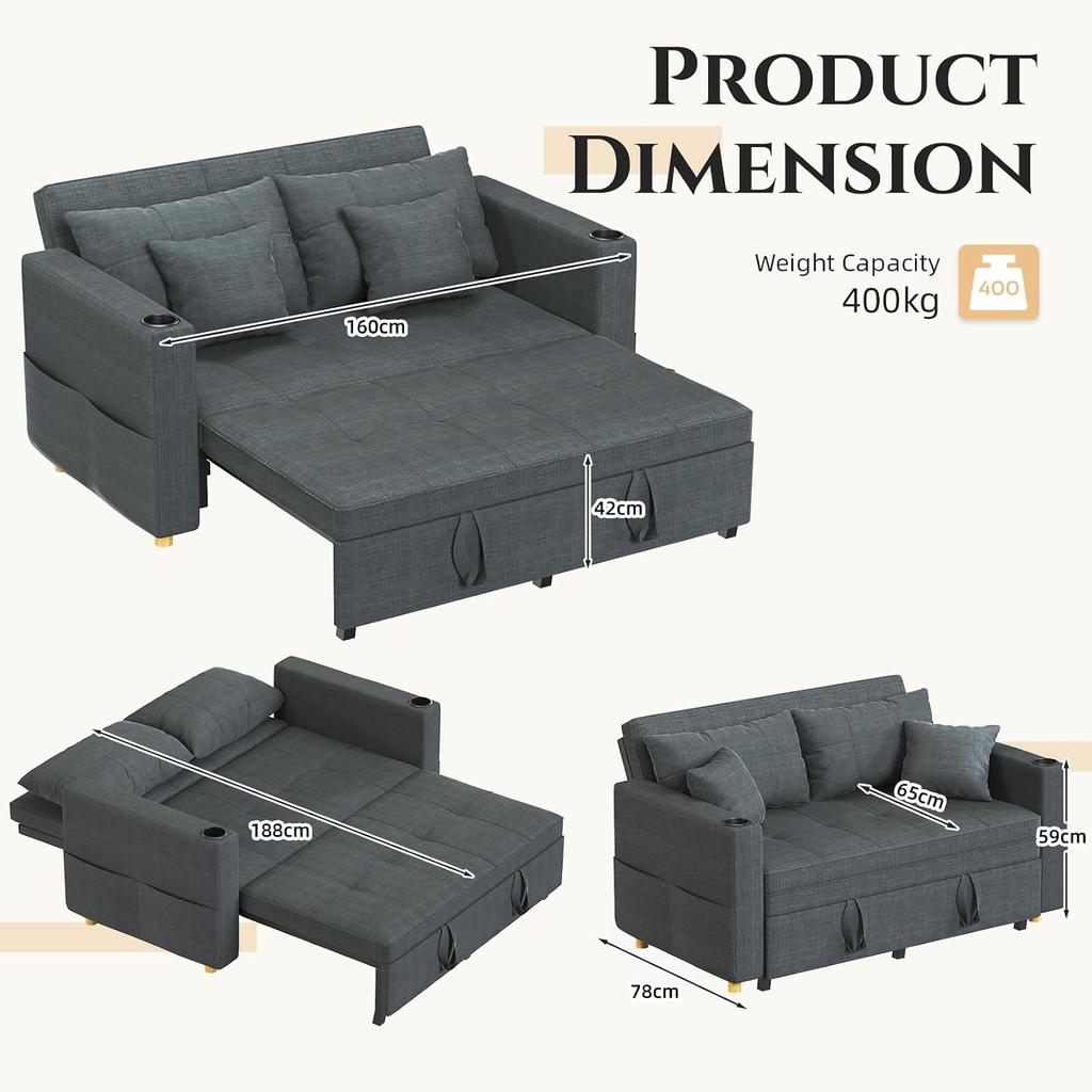 YODOLLA 2 Seater Sofa bed, 3-in-1 Convertible Sleeper Sofa 160cm